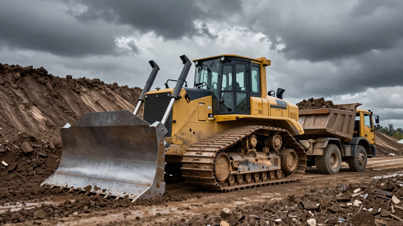 Гусеничный бульдозер на склоне с грязью, рядом — самосвал для вывоза грунта.