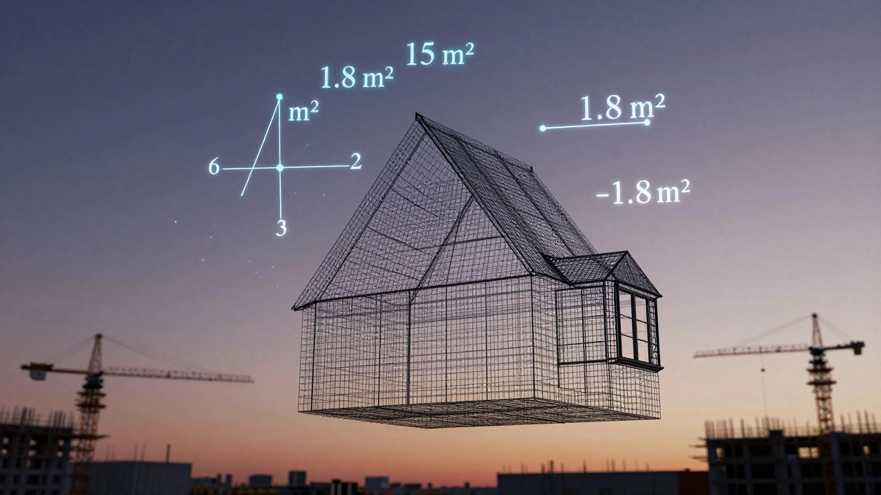 Комплексный фронтон в виде 3D-сети с цифровыми формулами расчета площади, парящими над ним.