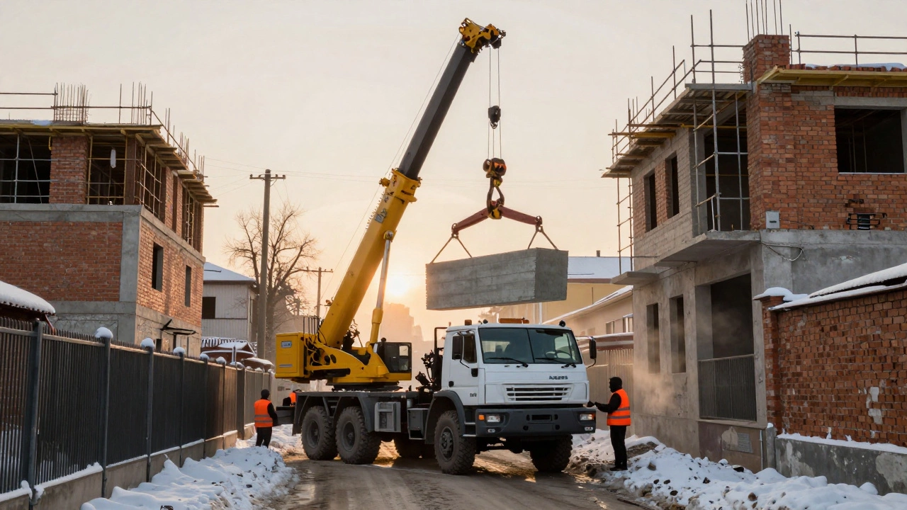 Кран-манипулятор поднимает железобетонную плиту на двухэтажный дом в узкой улице.