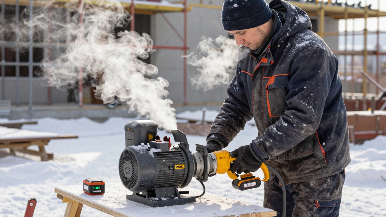 Мастер работает перфоратором DeWalt на зимней стройке при минус 20 градусах.