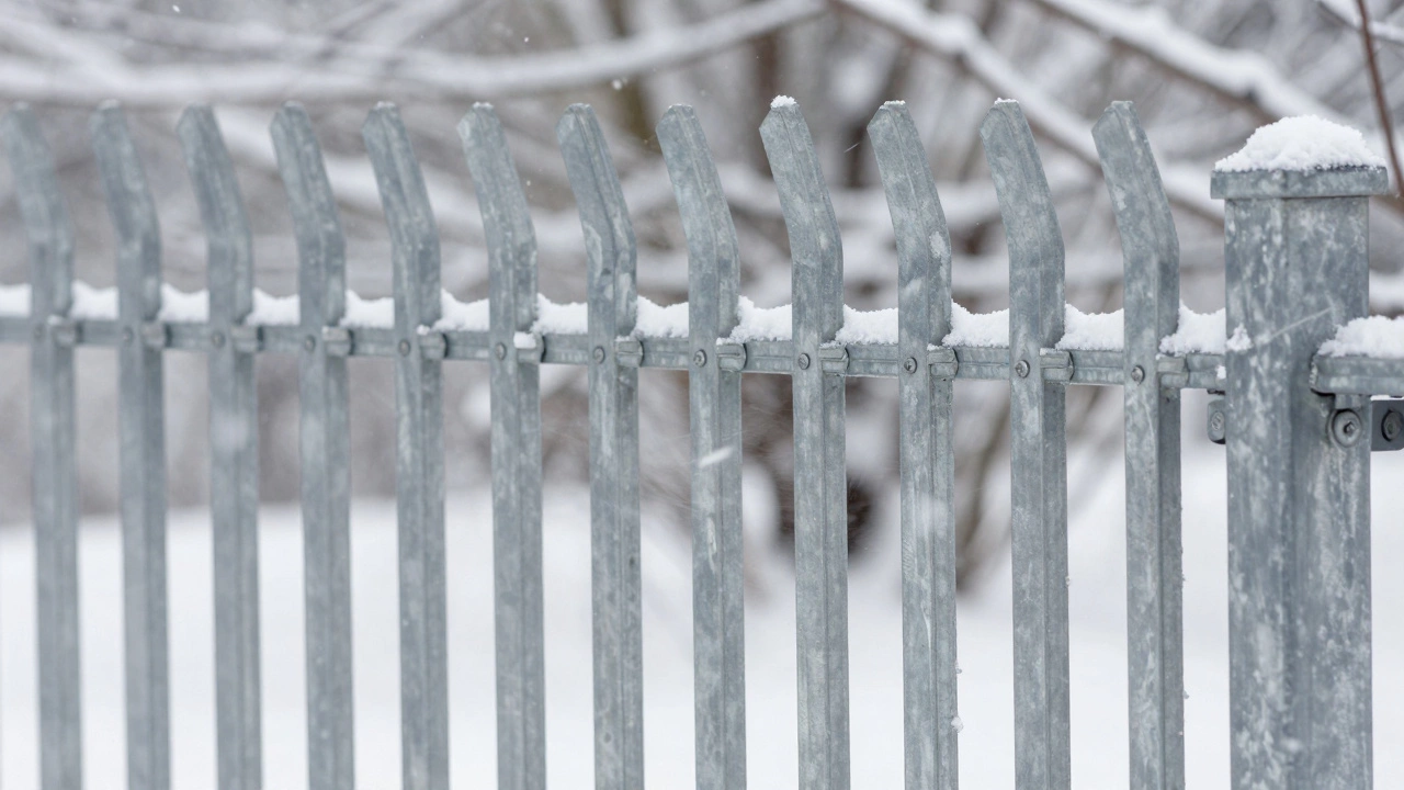 Металлический штакетник с вертикальными ламелями пропускает ветер, не деформируясь под напором зимнего шквала.