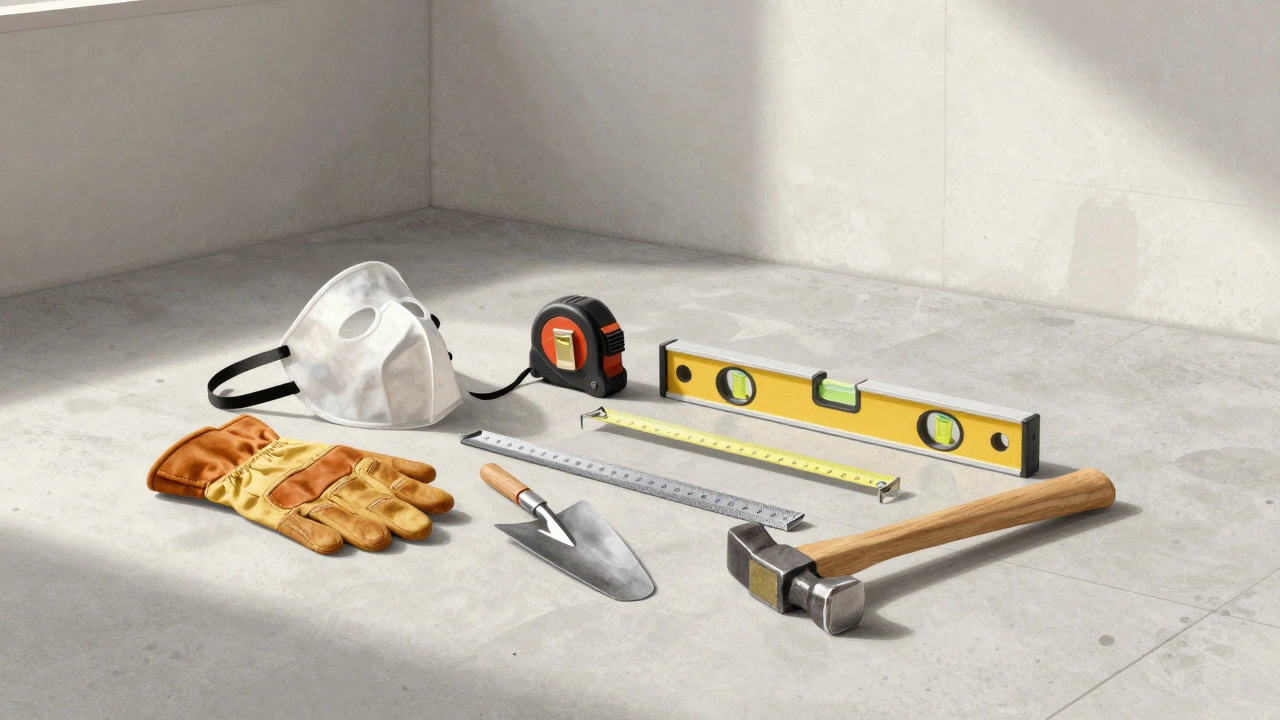 Минималистичная композиция строительных инструментов на бетонном полу с защитной маской и перчатками.