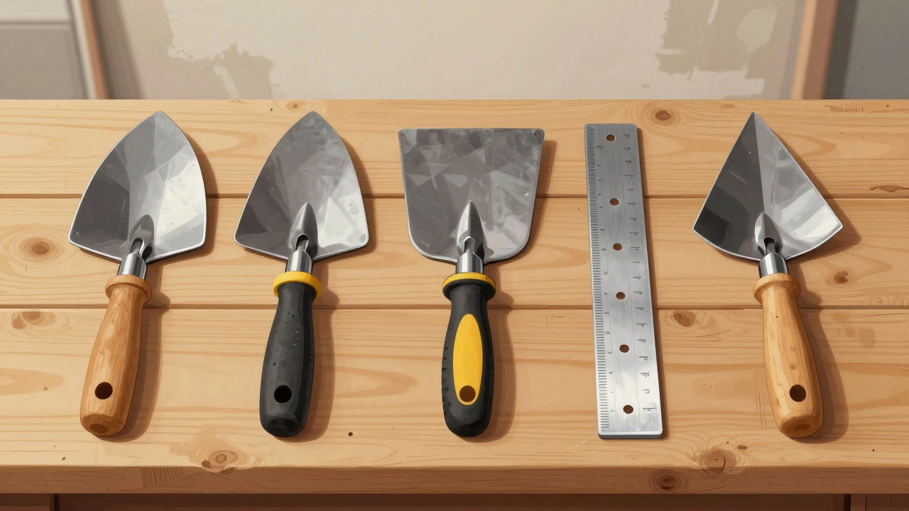 На деревянном столе расположены пять инструментов для отделки стен: кельма, шпатели, правило и угловой шпатель.