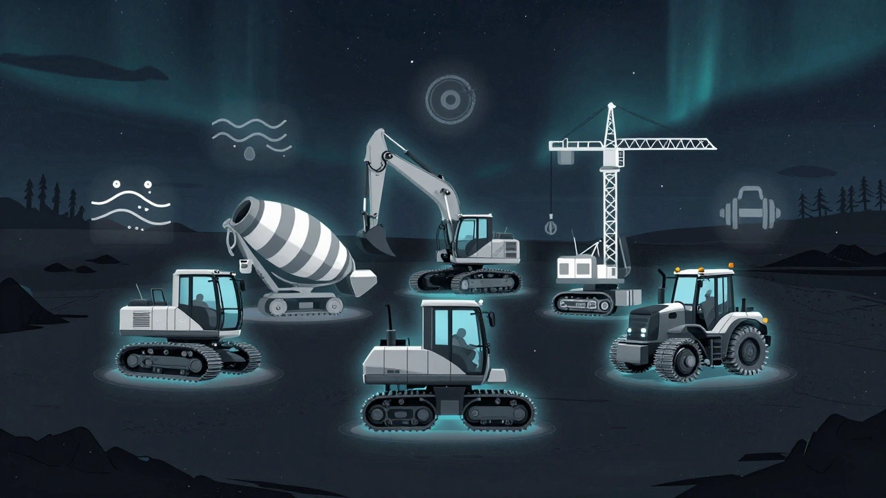 Пять основных строительных машин на участке, каждая с символическим свечением, зимний пейзаж.