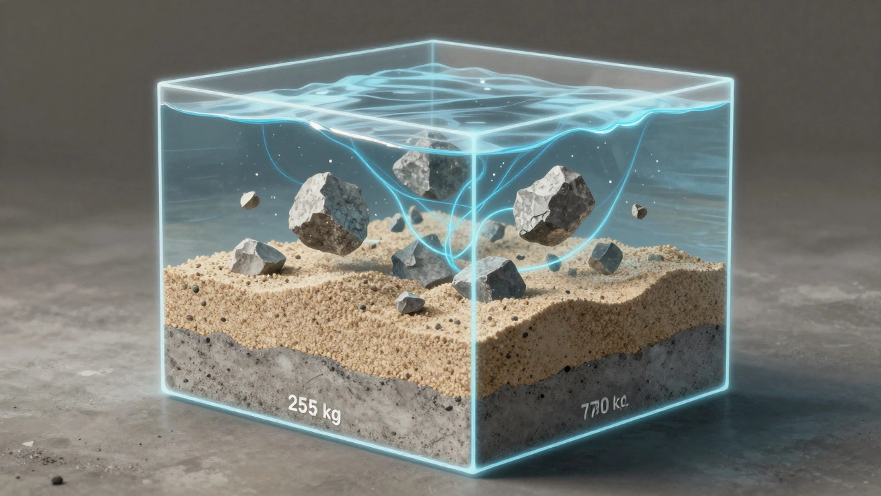 Прозрачный куб, разложенный на четыре слоя: цемент, песок, щебень и вода.
