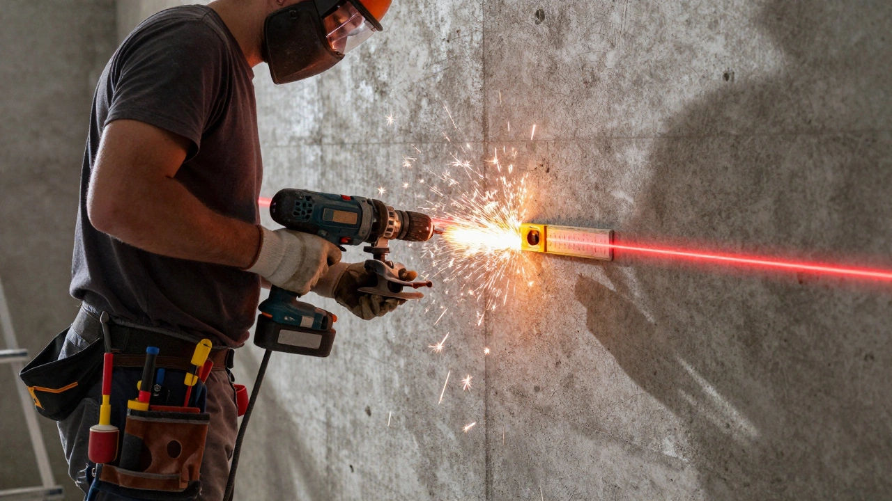Рабочий использует перфоратор и болгарку в пыльном помещении, лазерный уровень проецирует линию на стену.