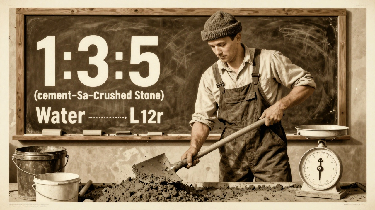 Рабочий с лопатой и схемой пропорций бетона на фоне советского плаката.