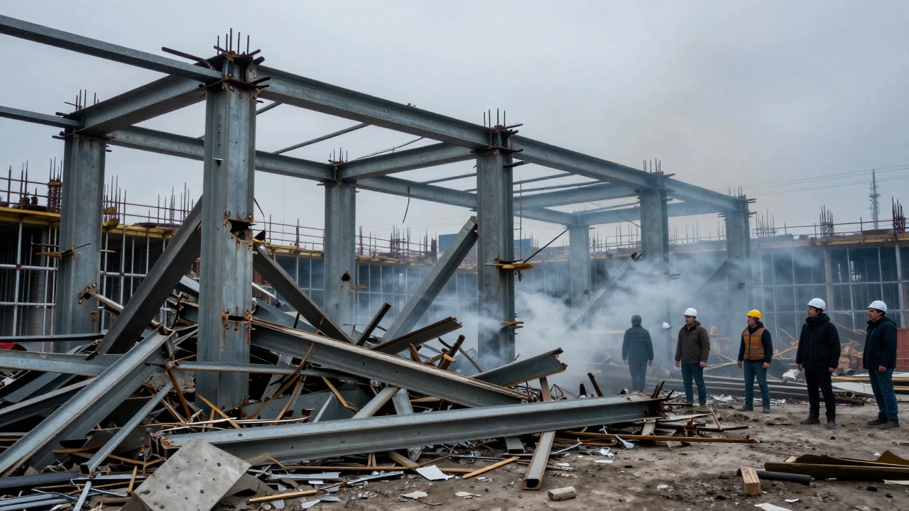 Рухнувшая металлическая конструкция на стройке, разрушенные балки и шокированные рабочие.