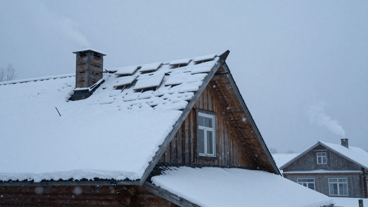 Сибирский дом с крышей под 30 градусов во время бурана: сильный ветер поднимает края кровли, а снег метет вокруг.