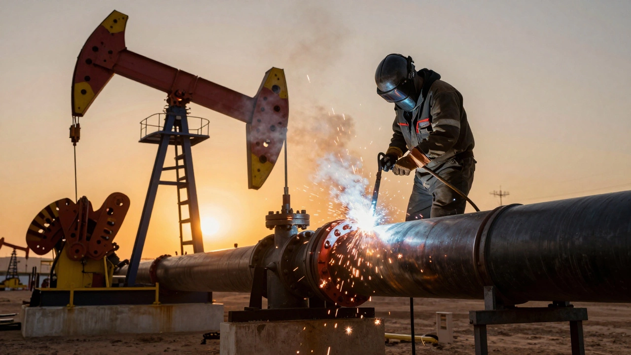 Сварщик на нефтепроводе в Техасе, искры летят на закате, видны нефтеплатформы.