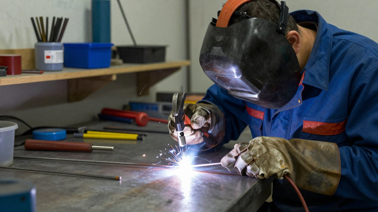 Сварщик проверяет шов молотком и фонариком, на фоне сухих электродов и чистого рабочего места.