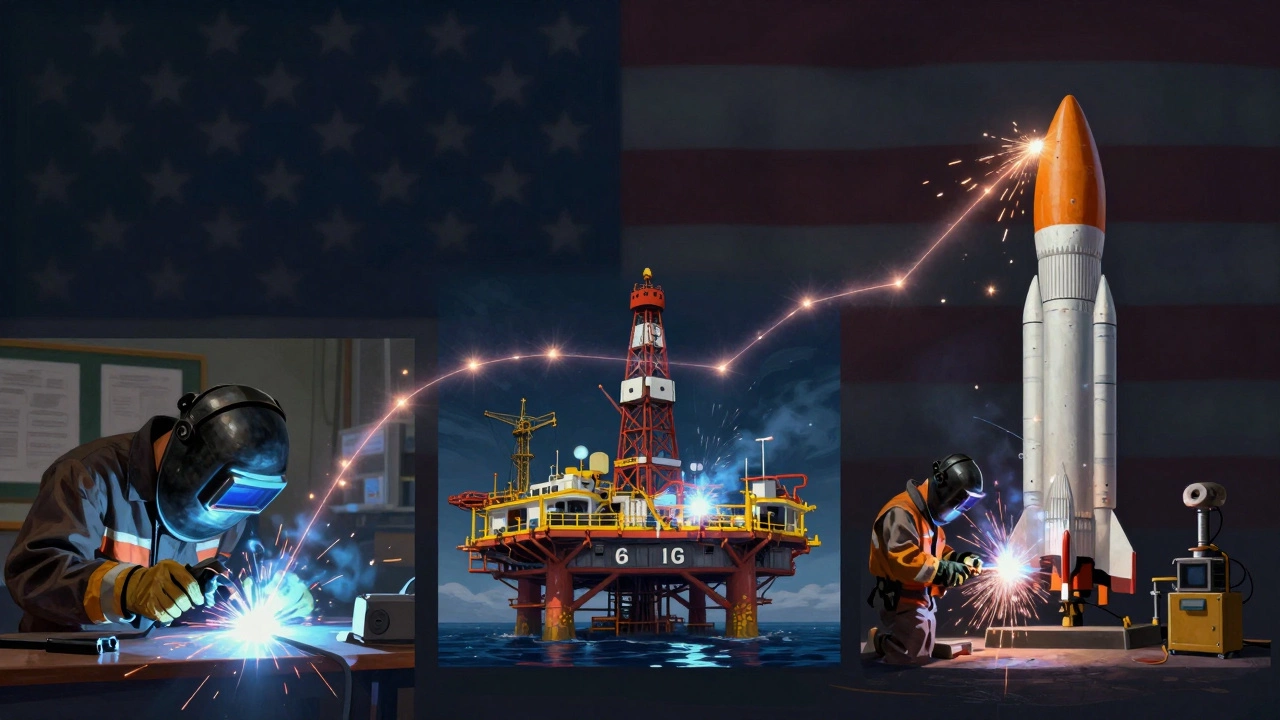 Три этапа карьеры сварщика: обучение, работа на платформе, сварка ракетных деталей.