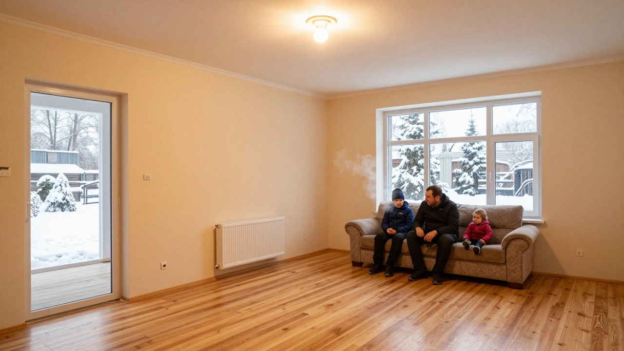 Уютная жилая комната в доме с деревянным полом, светом и работающим радиатором.