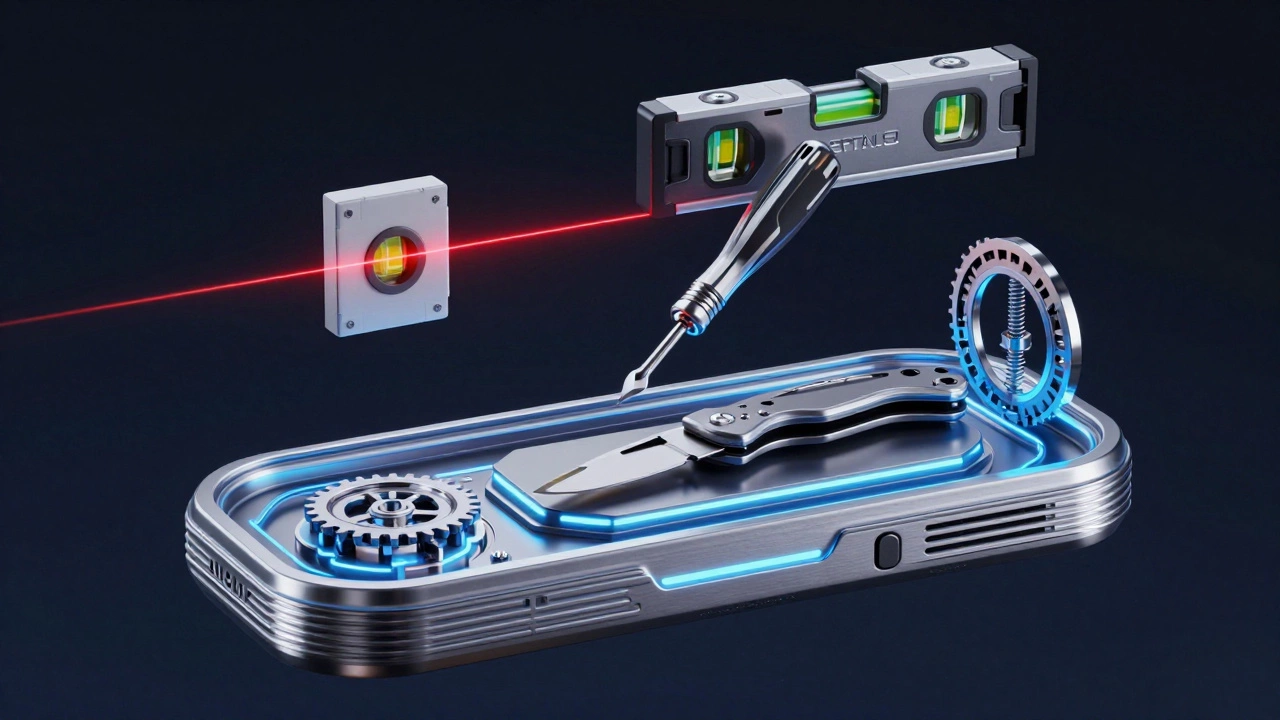 Абстрактное изображение инструментального набора как миниатюрного технологического мира с подсветкой и магнитными элементами.