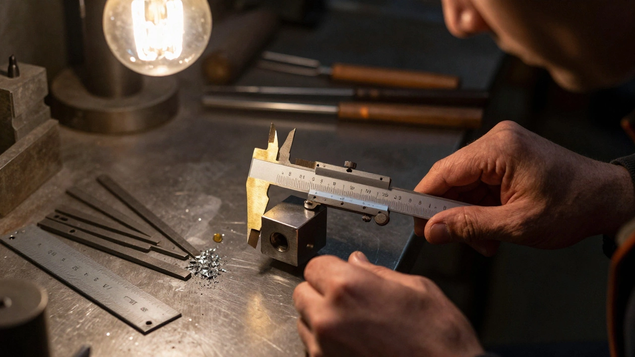 Мастер измеряет деталь механическим штангенциркулем на рабочем столе.