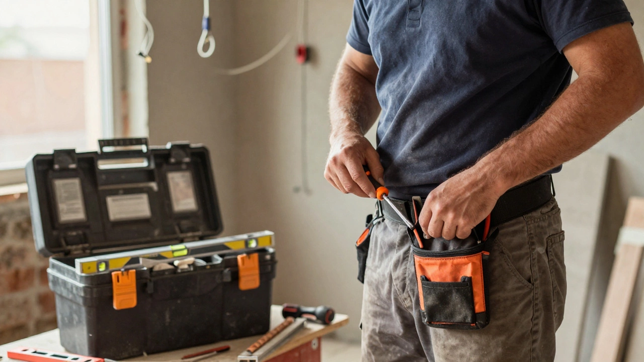 Мастер вытаскивает инструмент из компактного набора на стройке, рядом — неиспользуемый тяжелый ящик.