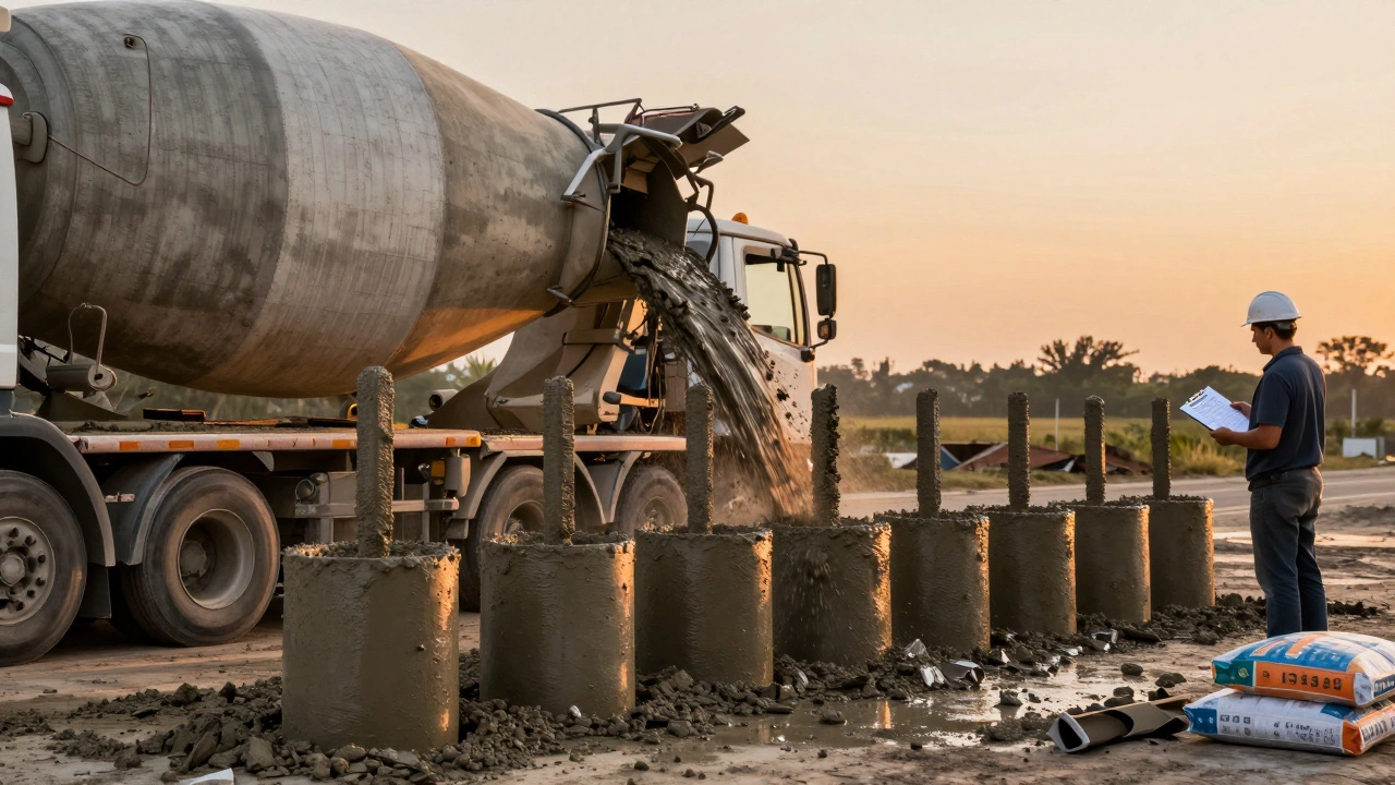 Миксер выгружает бетон в ряд отверстий с установленными столбами, закладывается 0,4 м³ материала.