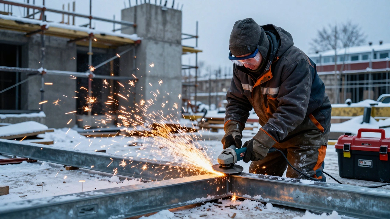 Рабочий использует болгарку на стройке в зимнем Казани, искры летят из-под металла.