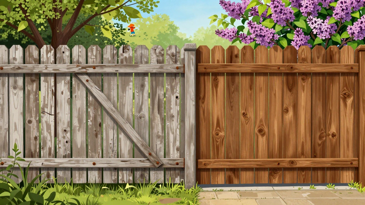 Разделённый забор: одна сторона — грязная и неровная, другая — аккуратная с цветами, символизируя выбор между заботой и равнодушием.