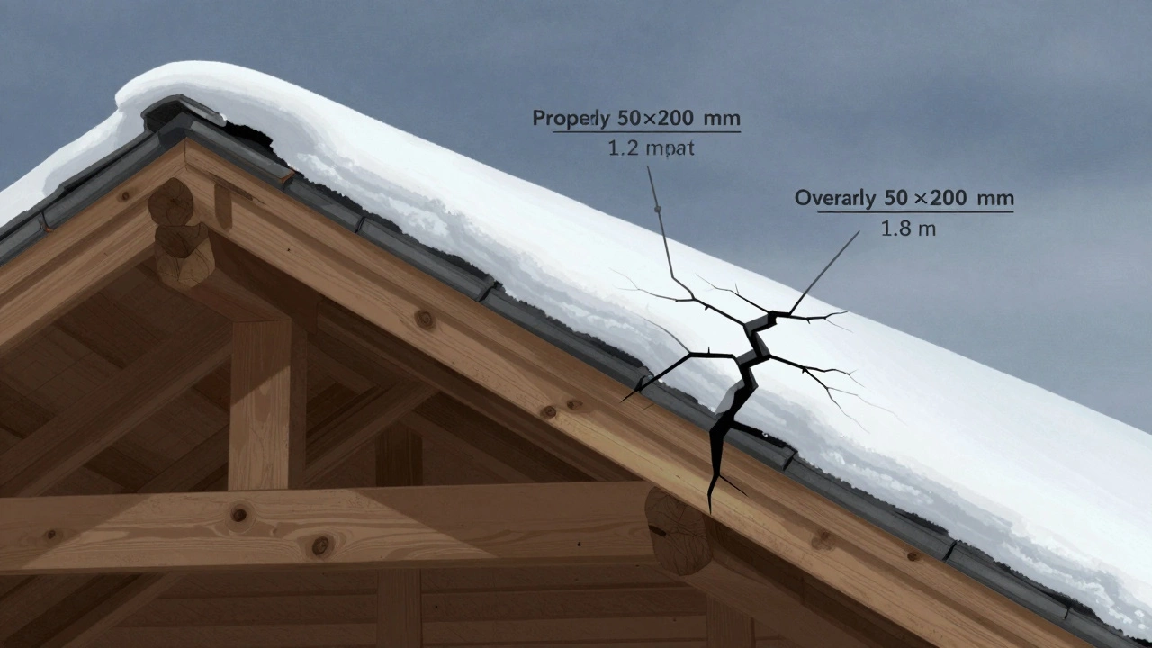 Разрез крыши: правильный и неправильный шаг стропил под нагрузкой снега с деформацией кровли.