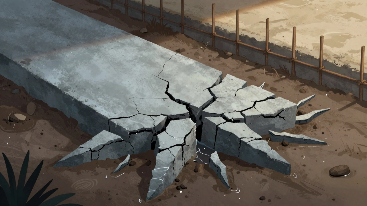 Разрушающийся бетонный фундамент без опалубки на фоне правильно построенного аналога.