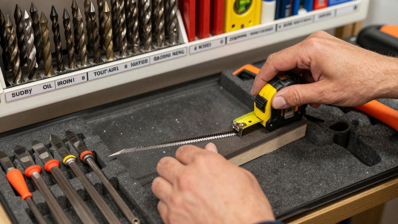 Руки точат ножовку и смазывают рулетку, инструменты аккуратно хранятся в ящике.