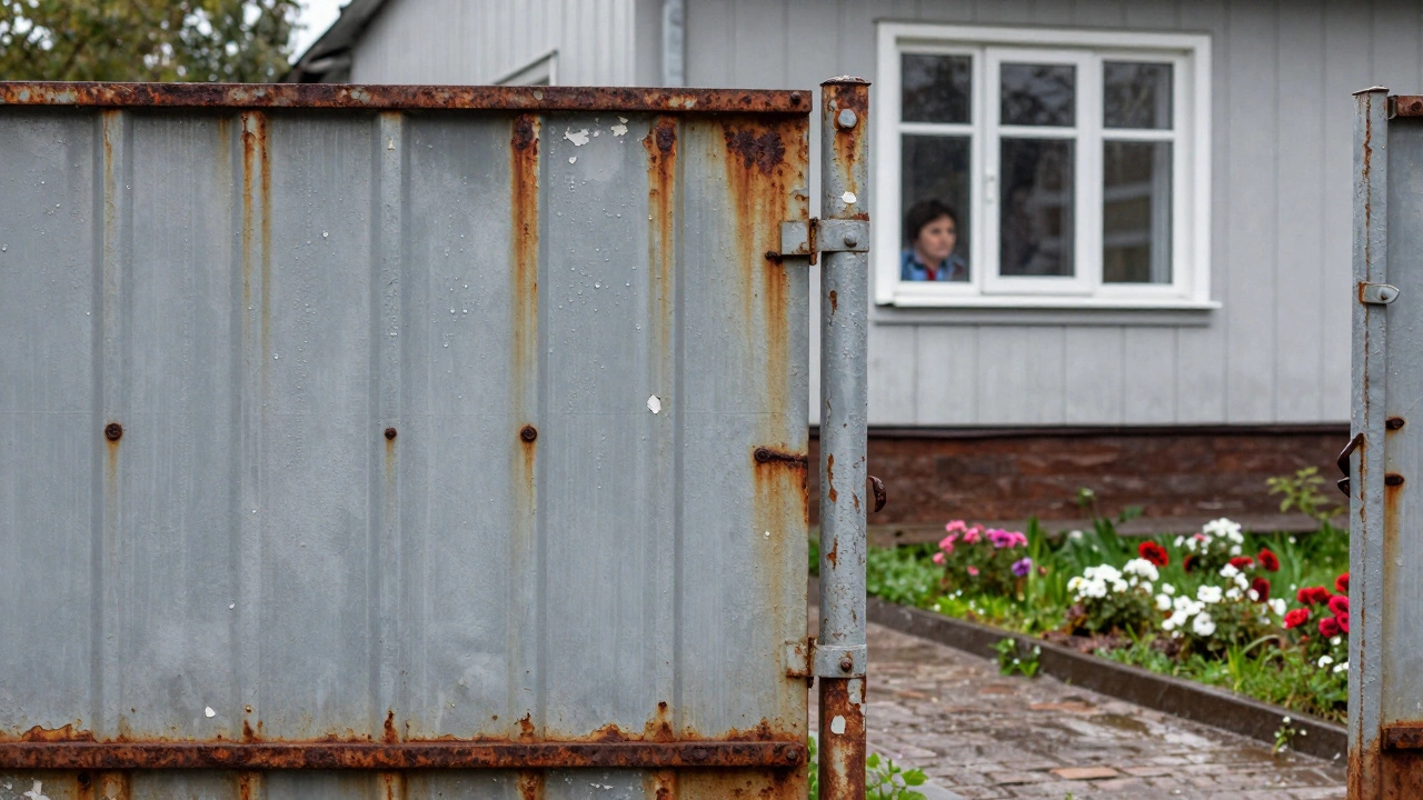 Ржавый металлический забор с отслаивающейся краской смотрит на ухоженный веранду в Казани, его красивая сторона скрыта.