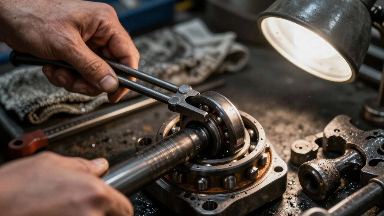 Съёмник подшипников извлекает застрявший подшипник из вала.