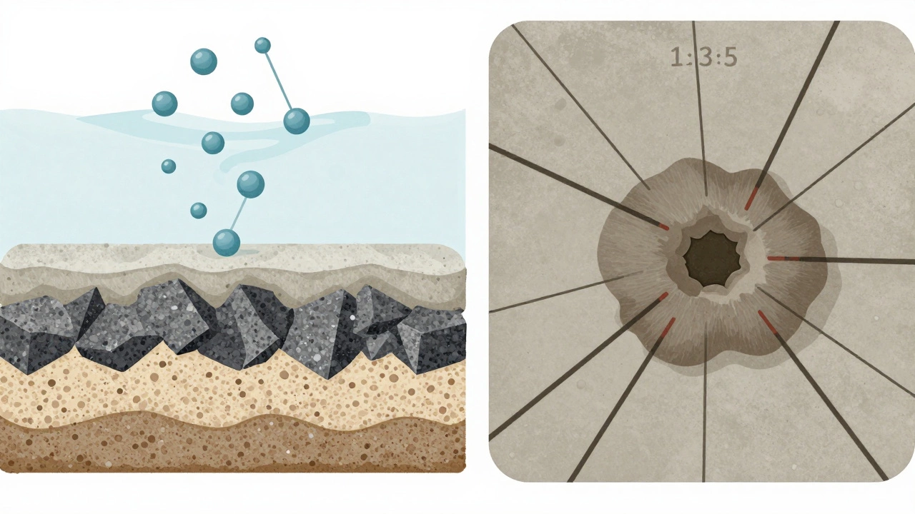 Схема правильного и неправильного состава бетона: цемент, песок, щебень и вода.