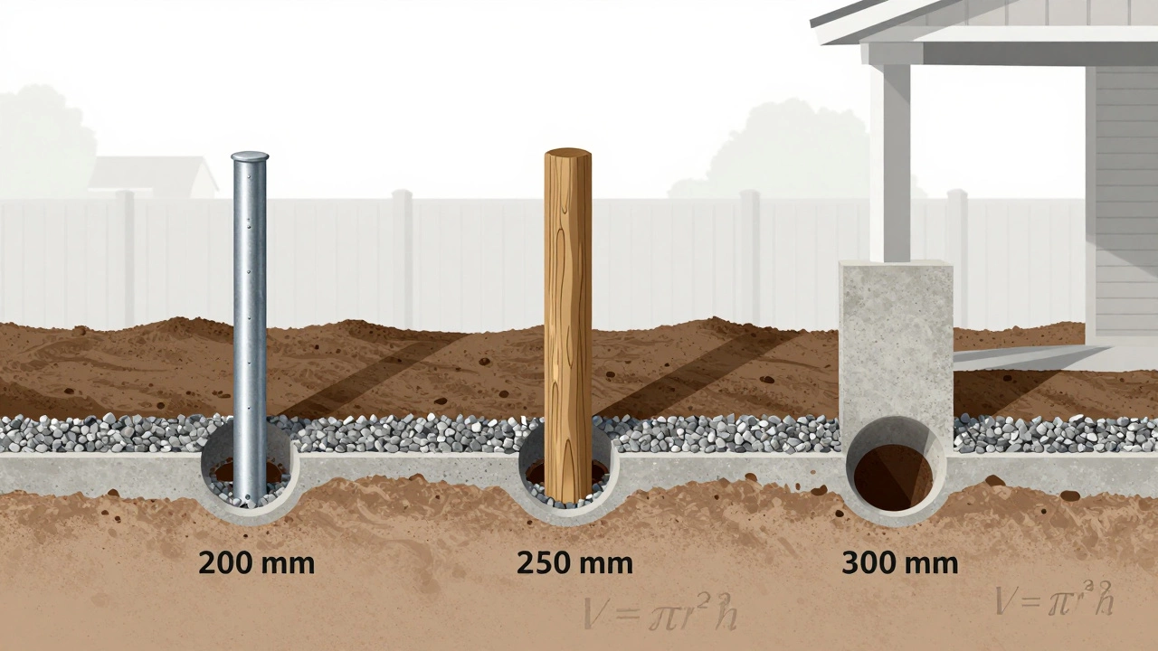 Схема трёх типов столбов в отверстиях разного диаметра с слоями щебня и бетона.
