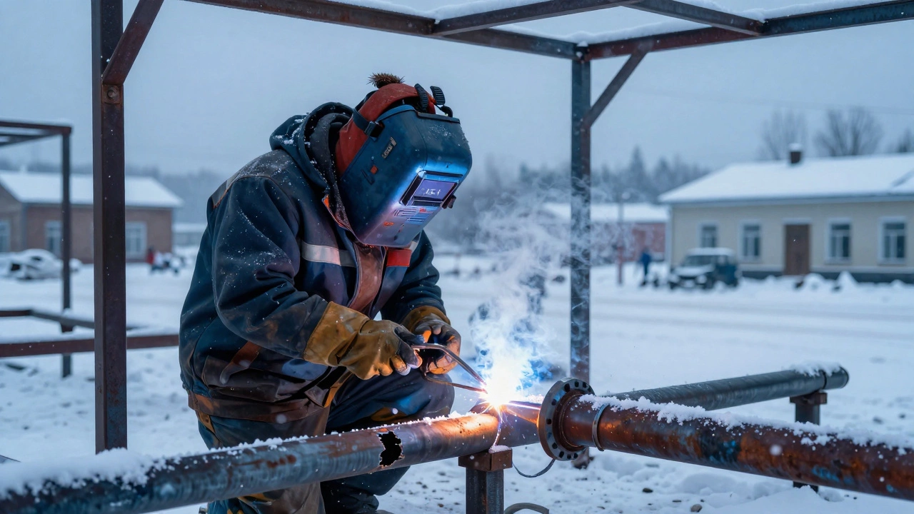 Сварка в снегу: рабочий ремонтирует трубу при минусовой температуре, дуга светится на фоне снежного пейзажа.