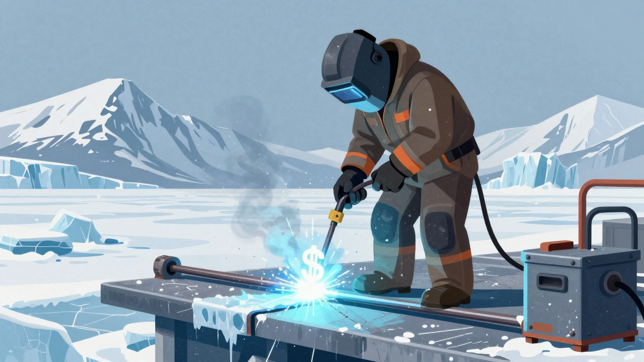 Сварщик в Аляске сваривает металлическую конструкцию на ледяной платформе, рядом светится символ зарплаты.
