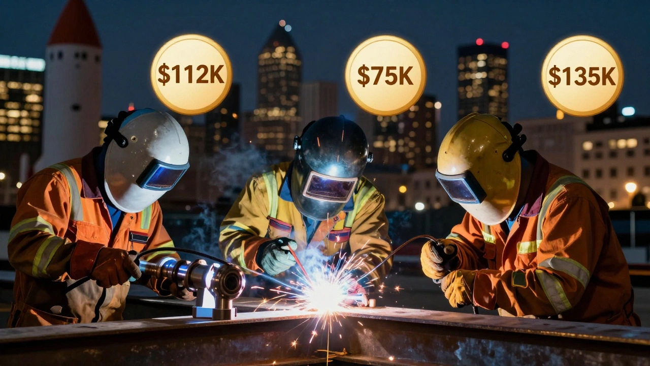 Три сварщика с разными специализациями и зарплатами: аэрокосмическая, строительная и фриланс-работа.