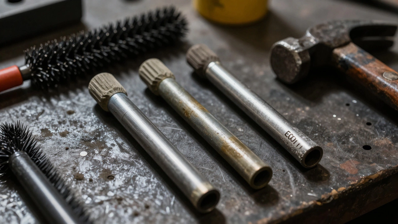 Три типа электродов для ручной дуговой сварки лежат на столе с инструментами для зачистки шва.