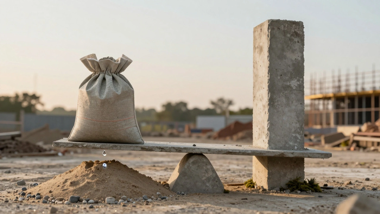 Весы: мешок цемента против смеси песка, щебня и воды — бетонная колонна устойчива.