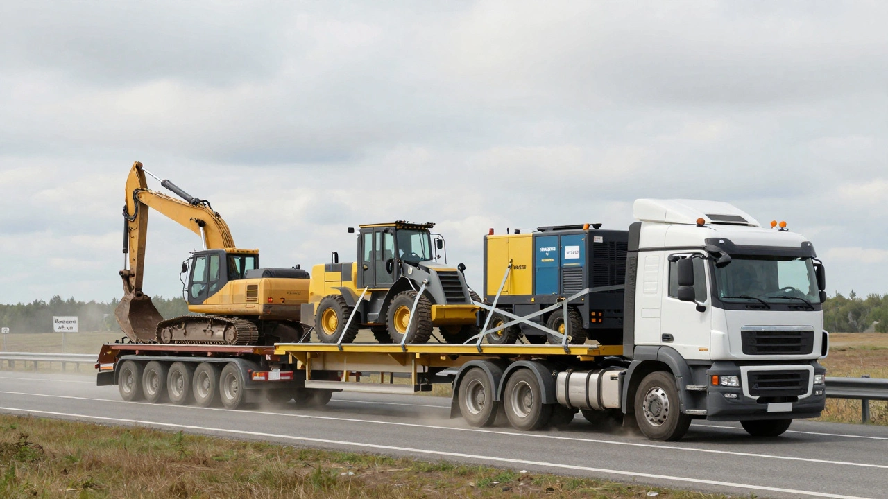 Автопоезд с тремя строительными машинами на дороге
