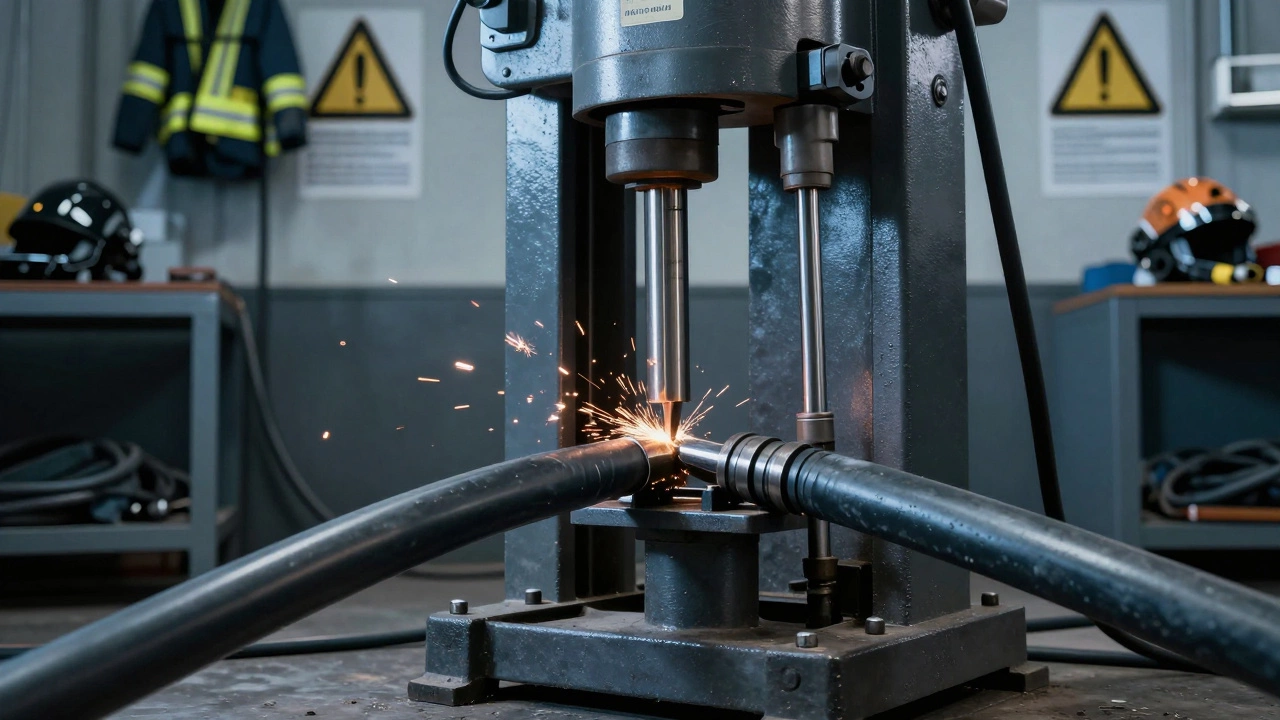 Гидравлический кабелерез разрезает крупный силовой кабель на промышленной площадке.