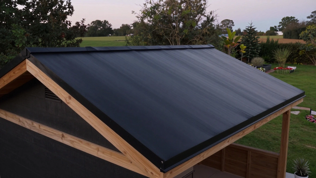 Готовая черная крыша сарая, покрытая двумя слоями рубероида.