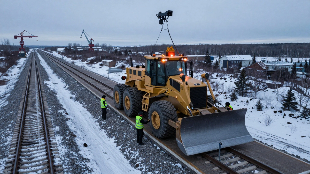 Модульный перевозчик поднимает бульдозер на железнодорожную платформу