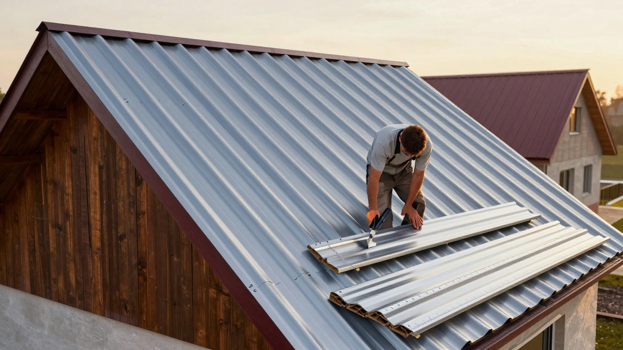 Монтаж профлиста на фронтоне с нахлестом, рабочий режет лист под углом, видны 4 листа длиной 4,2 м.