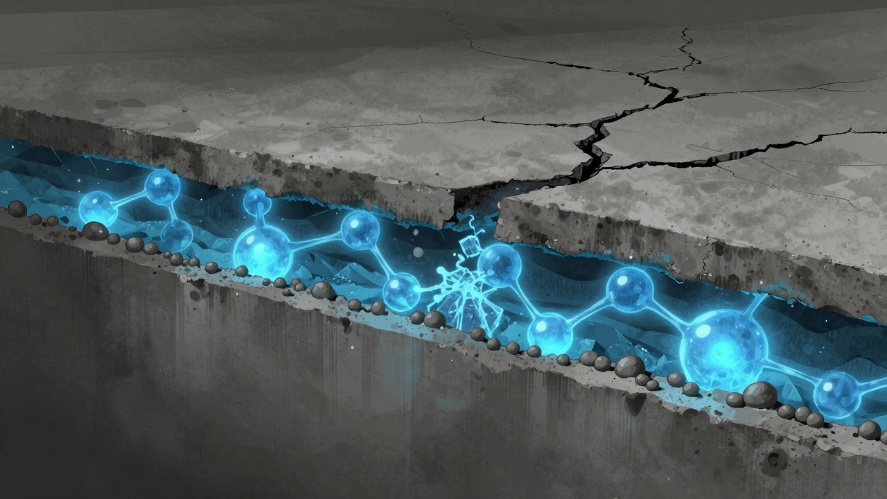 Поперечный разрез бетона, показывающий химическую гидратацию внутри и треснувшую сухую поверхность.
