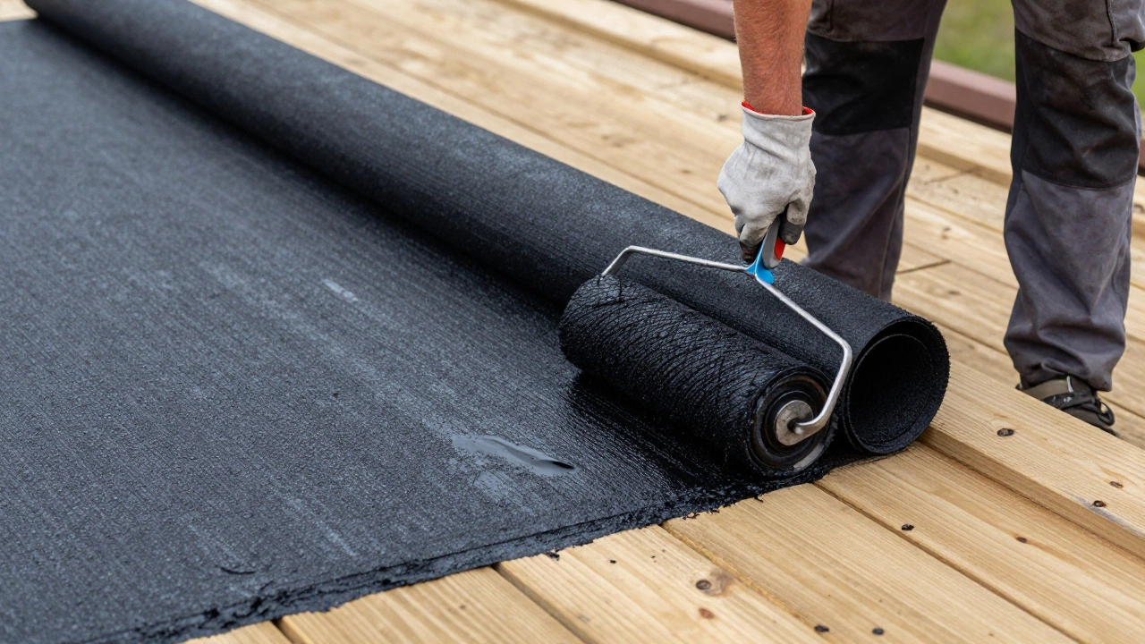 Рабочий наносит битумную мастику на обрешетку перед укладкой кровли.