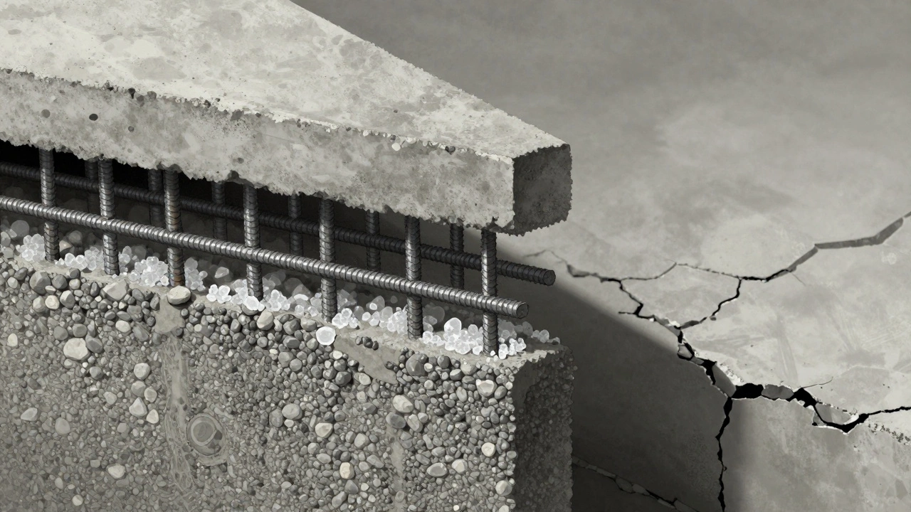 Разрез бетонного фундамента с плотной структурой, арматурой и герметичными порами, в сравнении с треснувшим бетоном.
