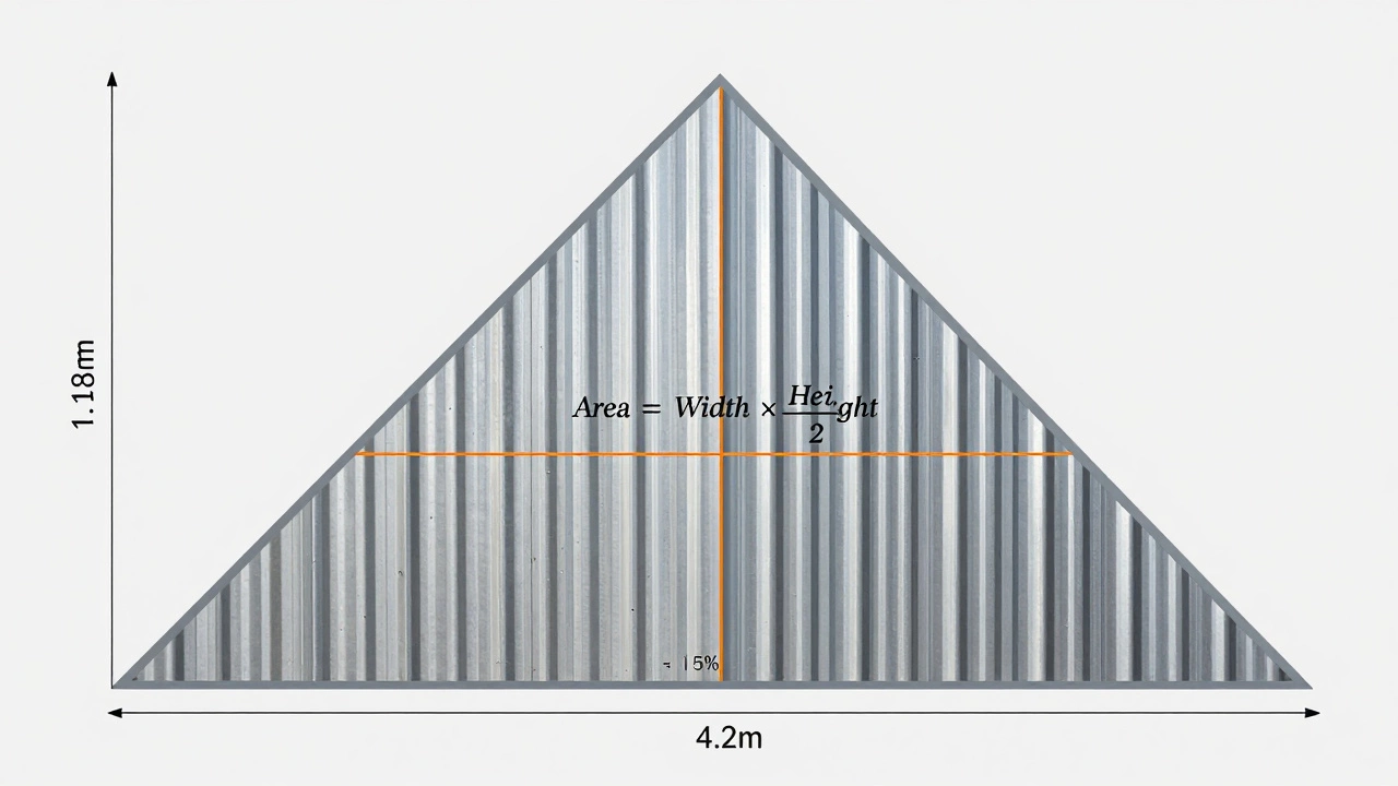 Схема треугольного фронтона с разметкой пяти листов профлиста и запасом 15% на обрезки.