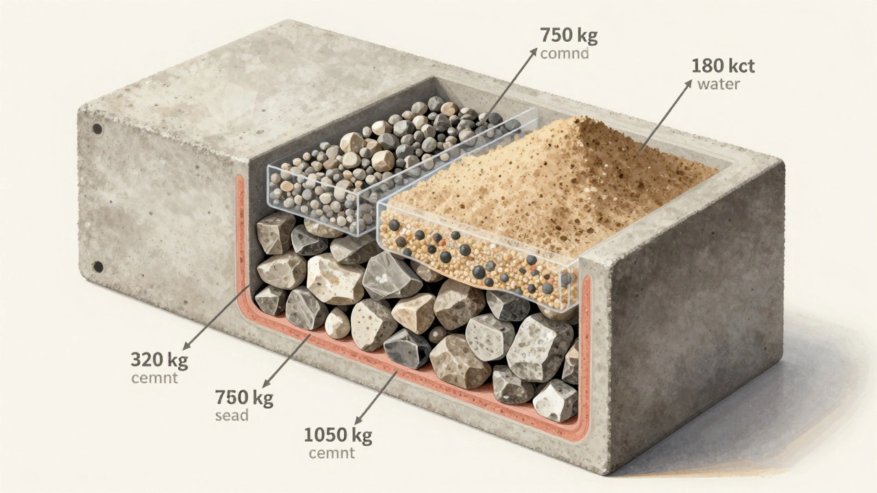 Схема внутреннего устройства одного кубометра бетона с указанием пропорций компонентов: цемент, песок, щебень и вода.