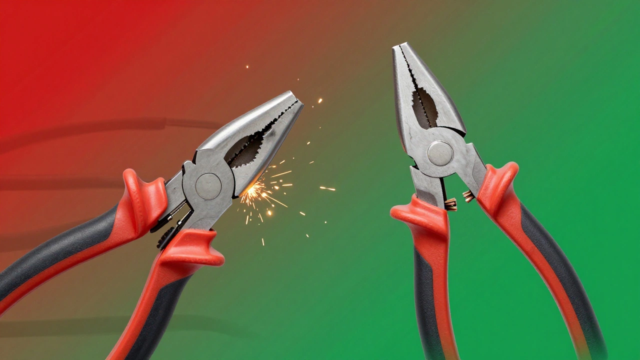 Сравнение: неправильный инструмент с повреждённым кабелем и правильный кабелерез с чистым срезом.