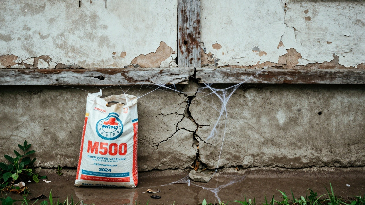 Трещины в фундаменте рядом с просроченным мешком цемента и лужами дождевой воды.