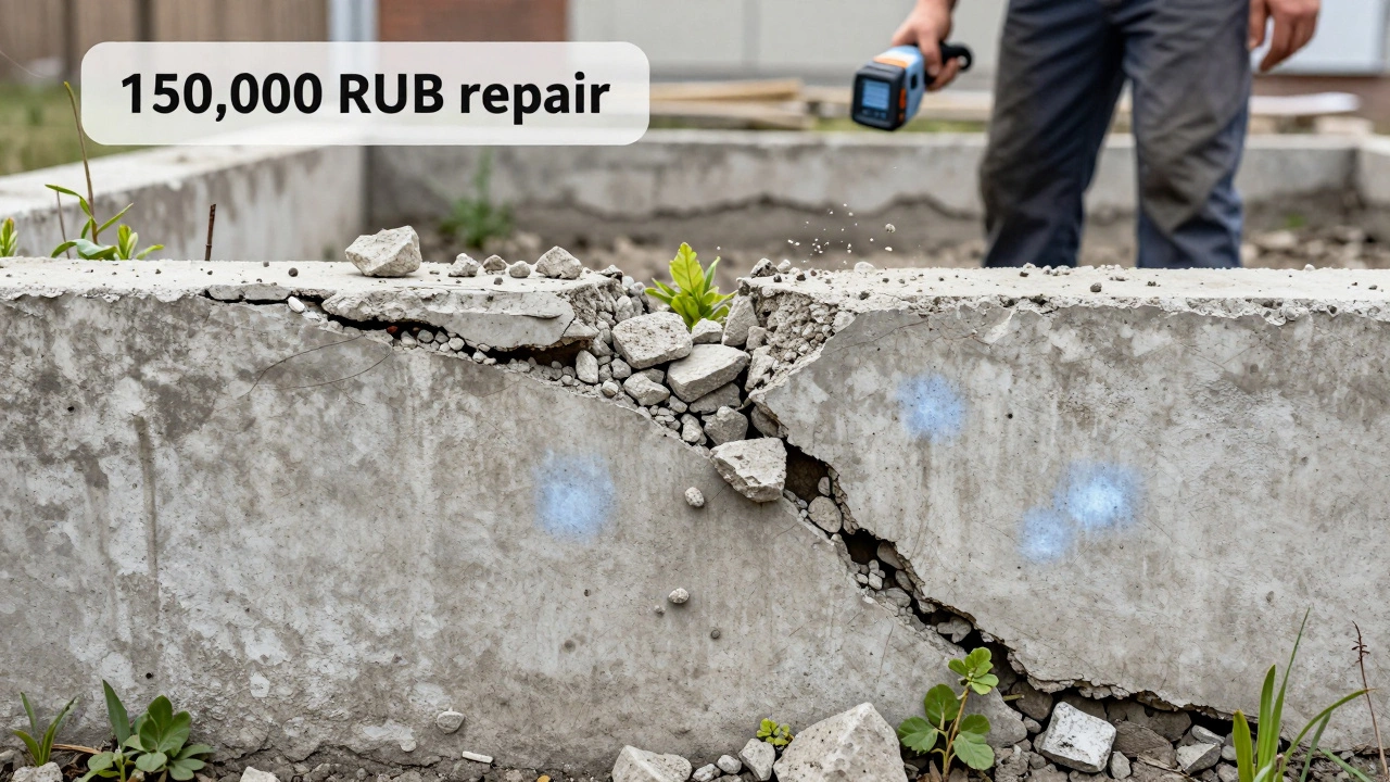 Треснувший фундамент весной с осыпающимися кусками, на фоне — тепловизор, показывающий холодные зоны.