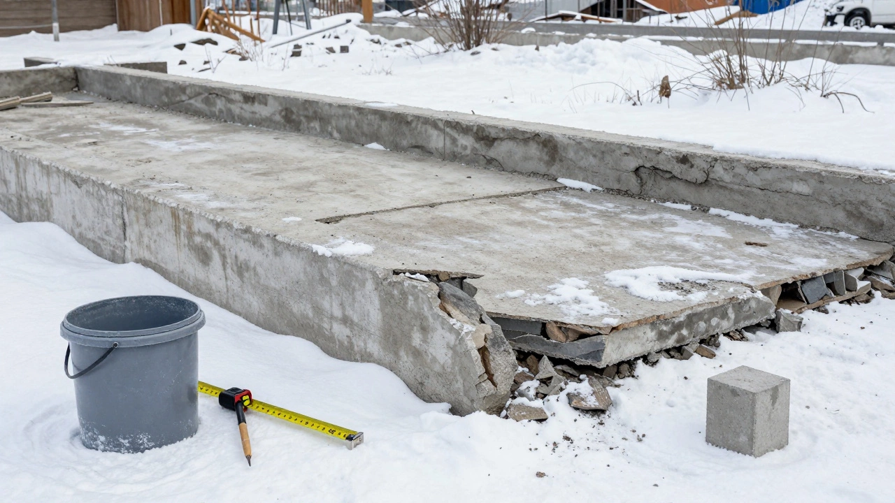Зимний фундамент в Казани: прочный бетон рядом с разрушенным, рядом — инструменты и контрольный кубик.