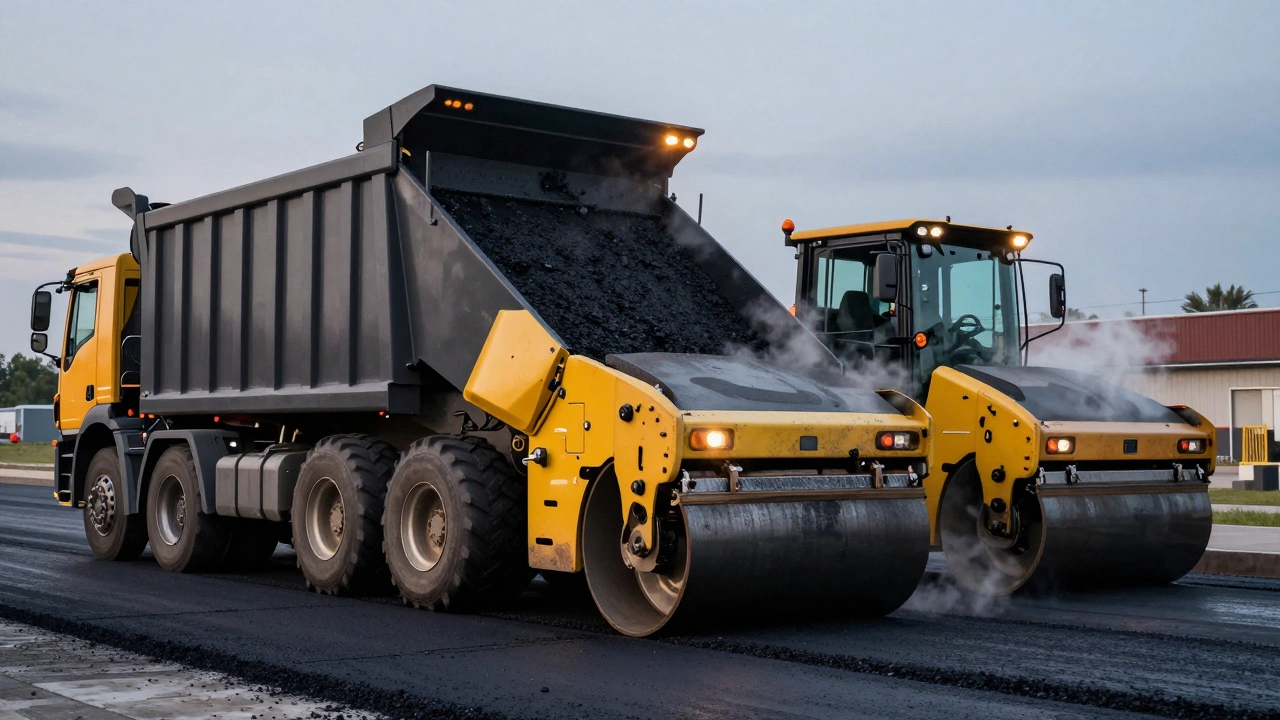 Асфальтоукладчик и каток создают гладкое финишное покрытие дороги